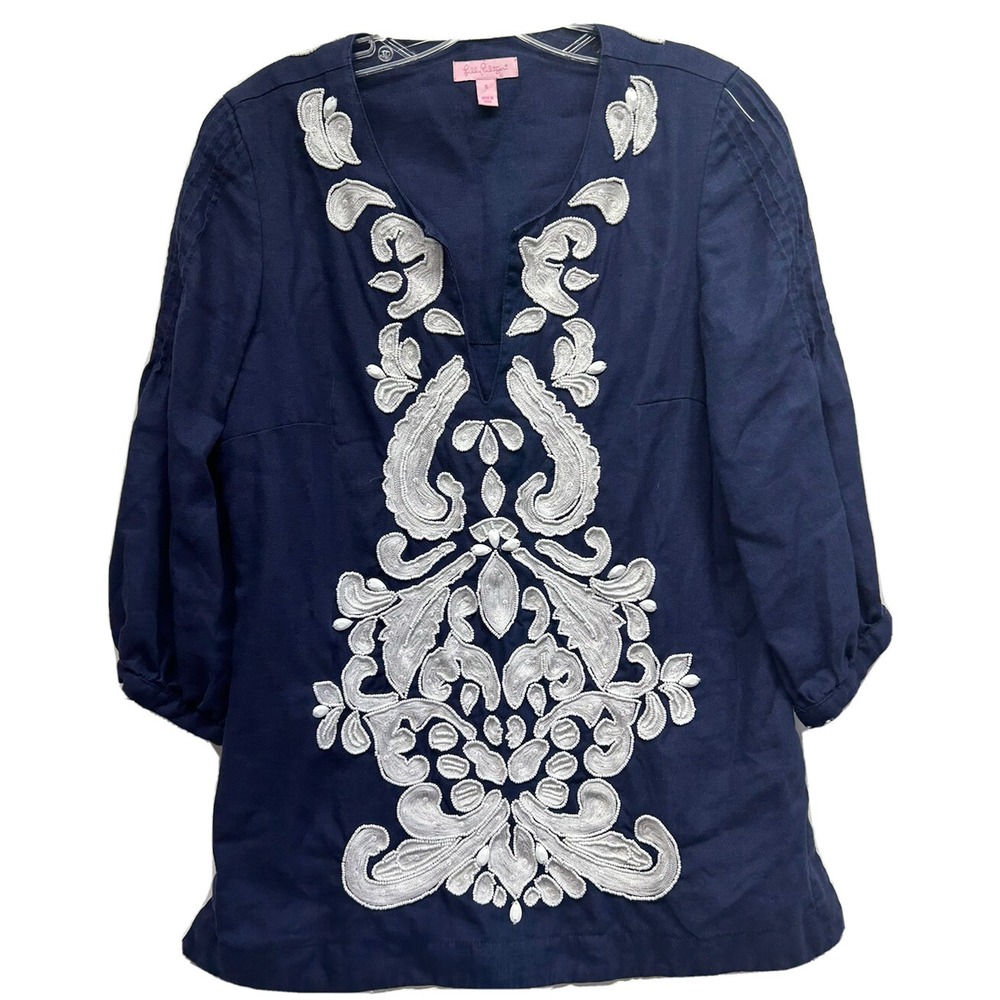 Lilly Pulitzer Womens Size S Blue Linen 1/2 Sleeve Embroidered Top (L2)